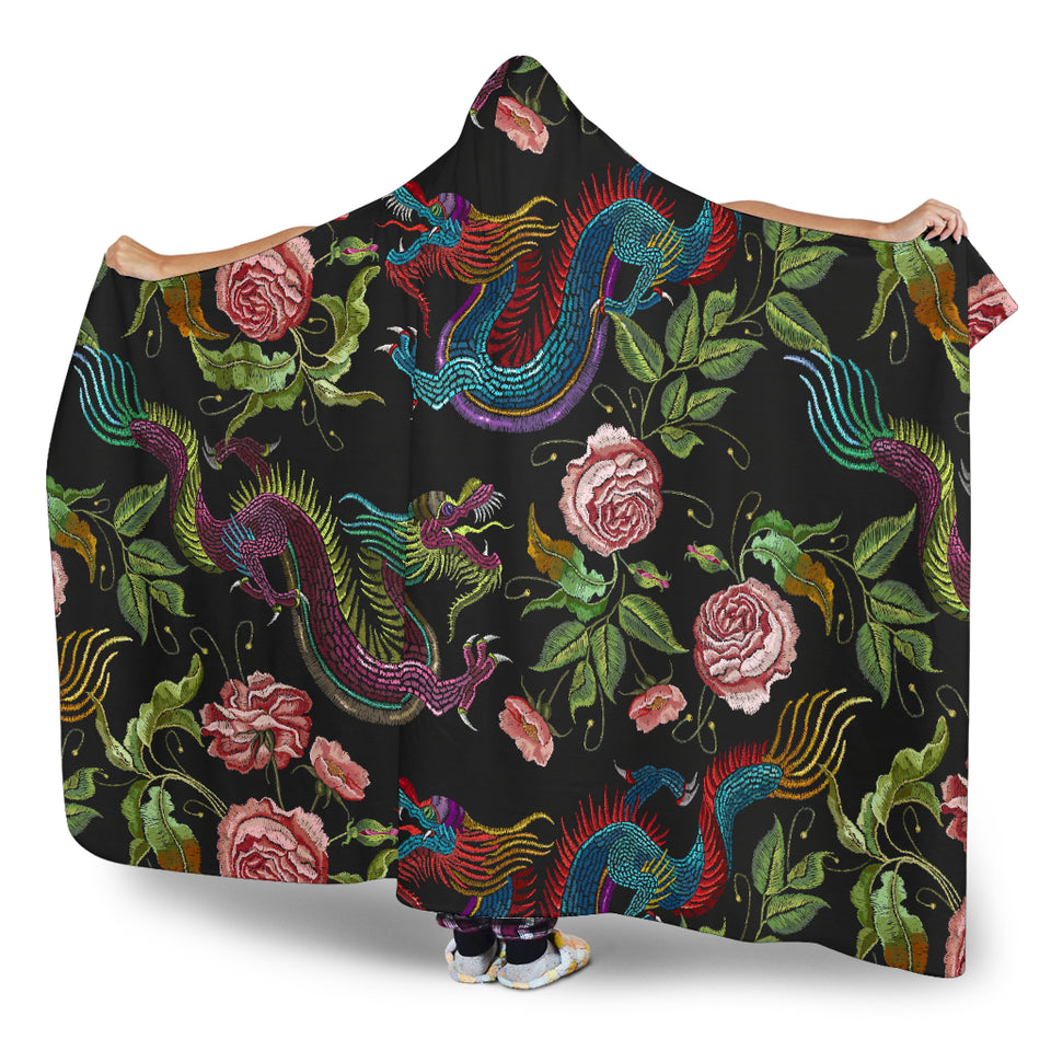 Dragons Flower Pattern Hooded Blanket