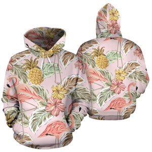 Pink Flamingo Birds Pineapples Hibiscus Flower Pattern Men Women Pullover Hoodie