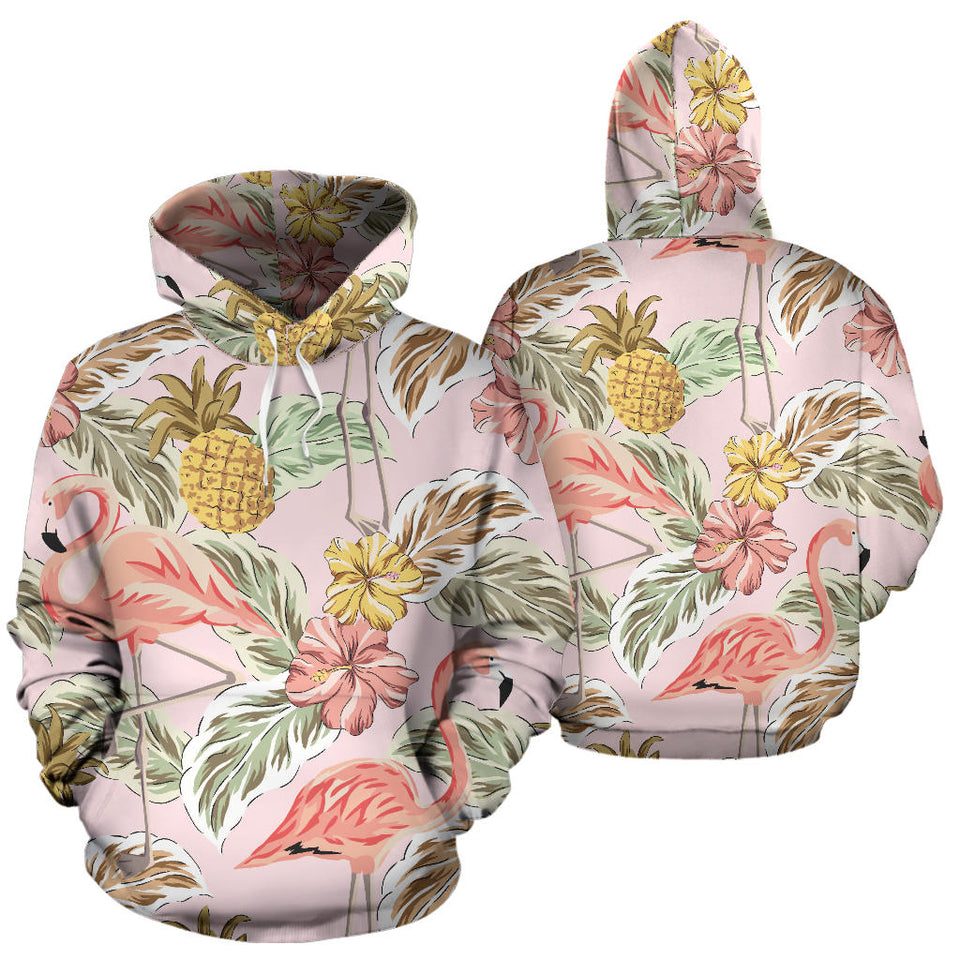 Pink Flamingo Birds Pineapples Hibiscus Flower Pattern Men Women Pullover Hoodie