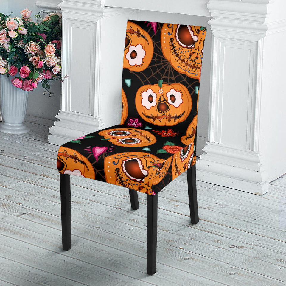 Pumpkin Flowers Spiderweb Halloween Theme Dining Chair Slipcover