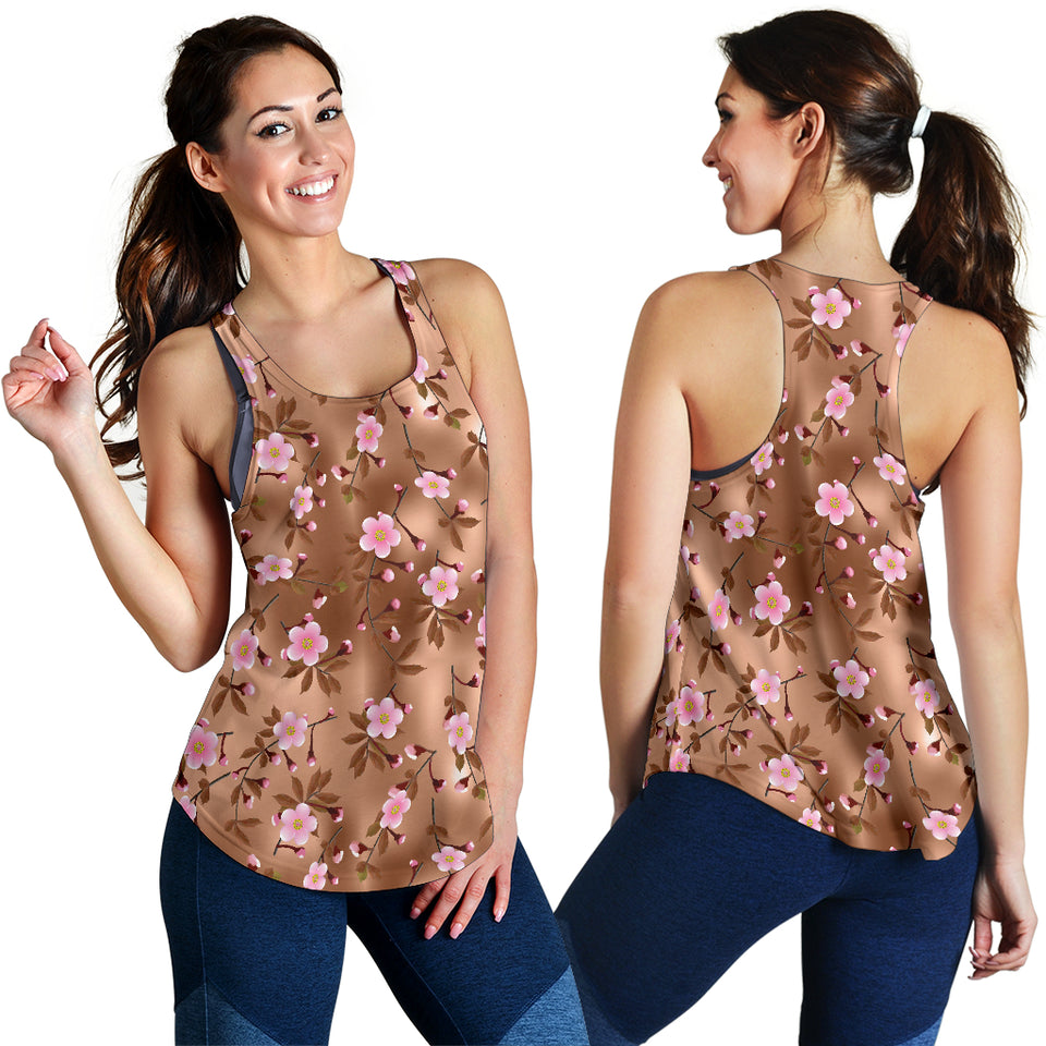 Pink sakura cherry blossom drak brown background Women Racerback Tank Top