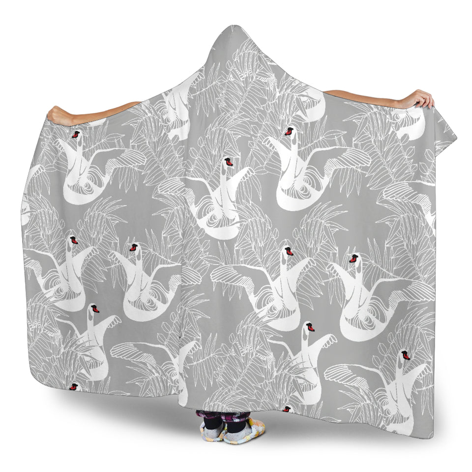White Swan Gray Background Hooded Blanket