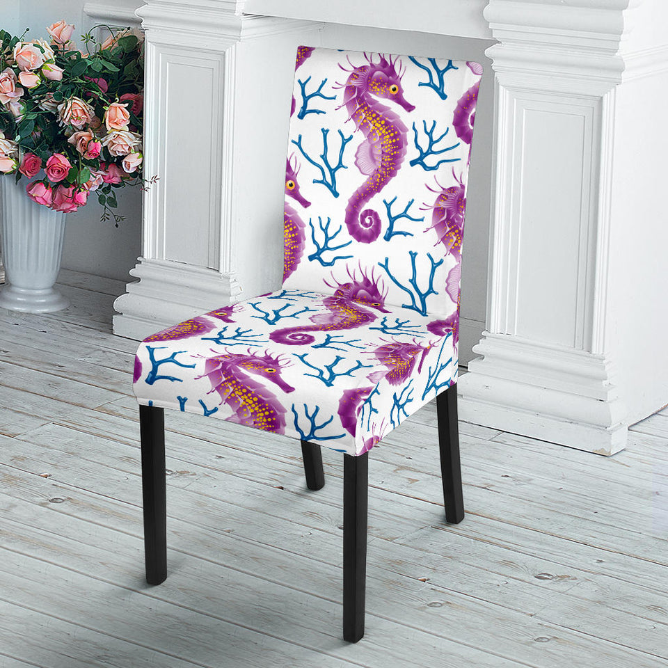 Purple Seahorse Blue Coral Pattern Dining Chair Slipcover