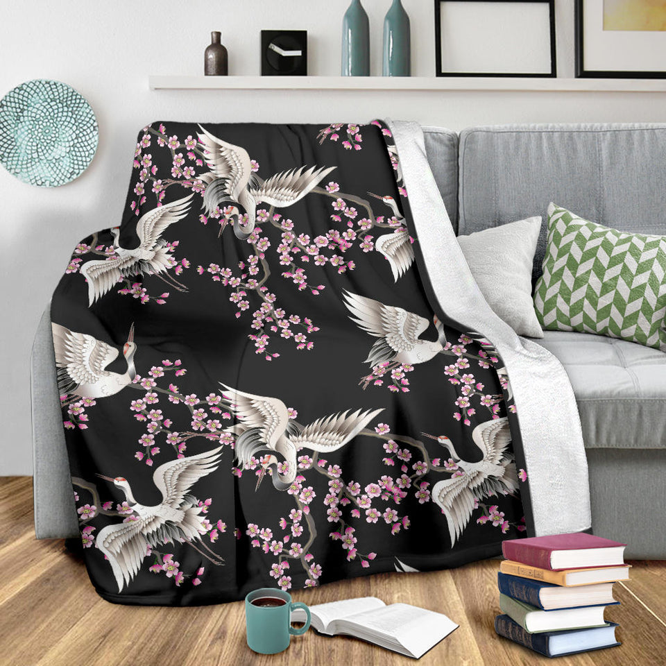 Japanese Crane Pink Sakura Pattern Premium Blanket