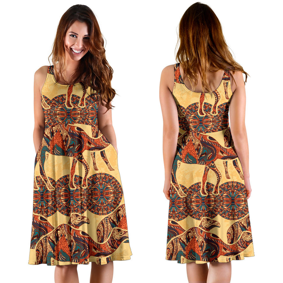 Camel Polynesian Tribal Design Pattern Sleeveless Midi Dress