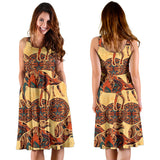 Camel Polynesian Tribal Design Pattern Sleeveless Midi Dress
