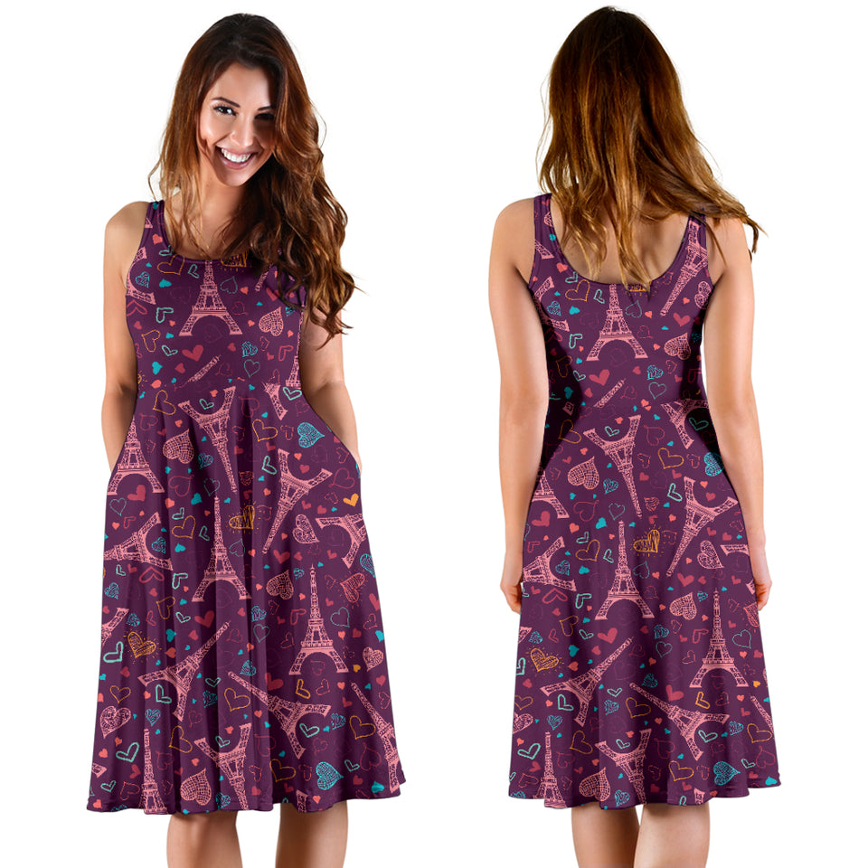 Eiffel Tower Heart Pattern Print Design 04 Sleeveless Midi Dress