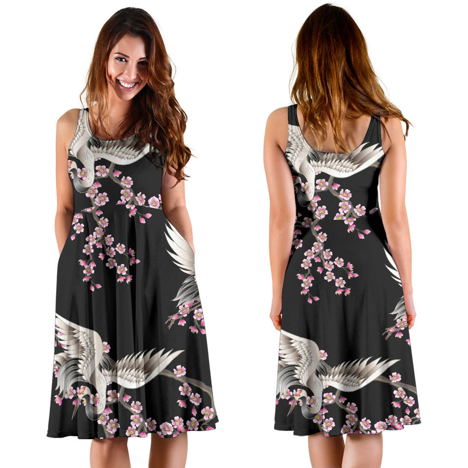 Japanese Crane Pink Sakura Pattern Sleeveless Midi Dress