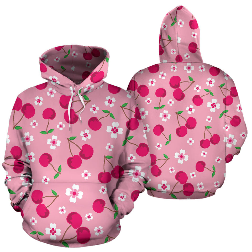 Cherry Flower Pattern Pink Background Men Women Pullover Hoodie
