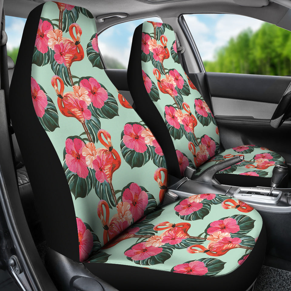Beautiful Flamingo Tropical Palm Leaves Hibiscus Pateern Background Universal Fit Car Seat Covers