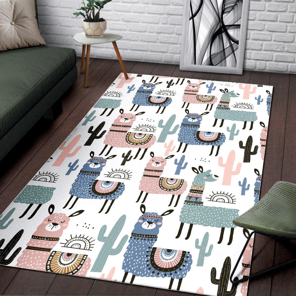 Lama Alpaca Cactus Hand Drawn Pattern Area Rug