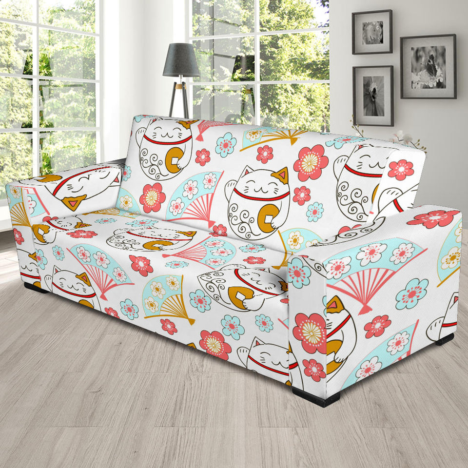 Maneki Neko Lucky Cat Fan Sakura Sofa Slipcover