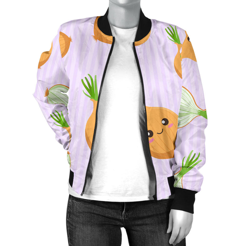 Cute Onions Smiling Faces Purple Background Women'S Bomber Jacket