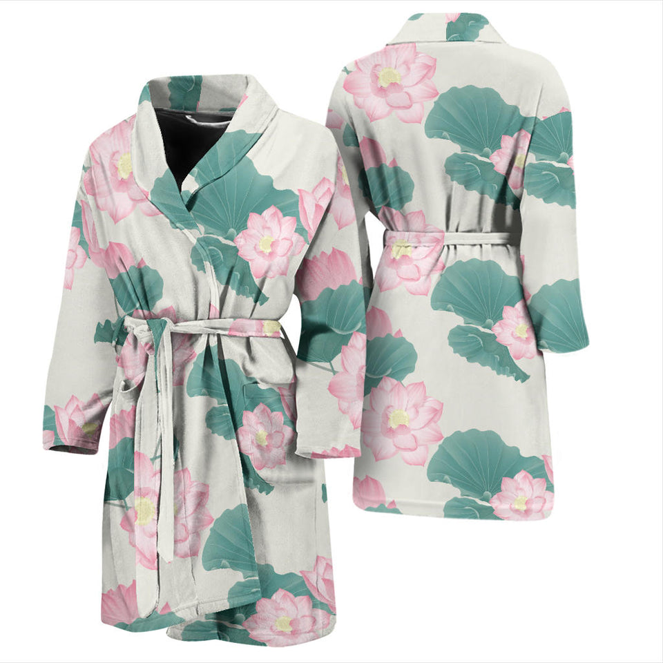 Pink Lotus Waterlily Leaves Pattern Men'S Bathrobe