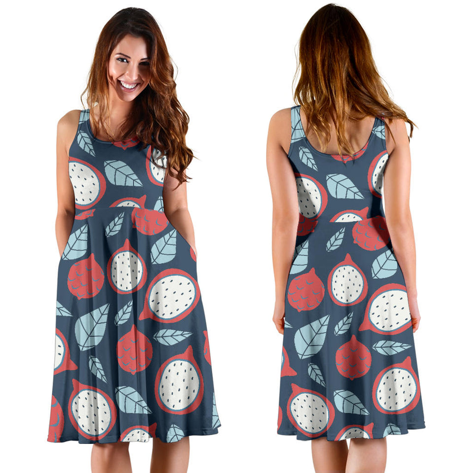 Dragon Fruits Dark Blue Background Sleeveless Midi Dress
