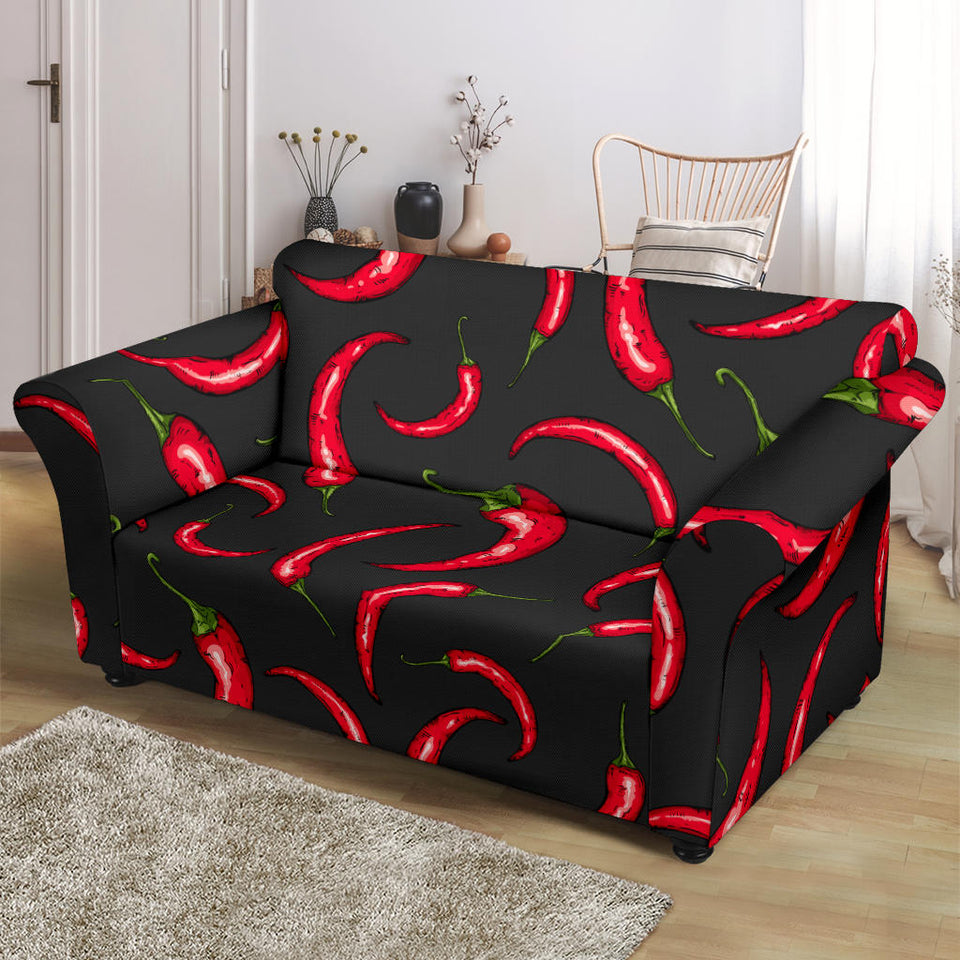 Chili Peppers Pattern Black Background Loveseat Couch Slipcover