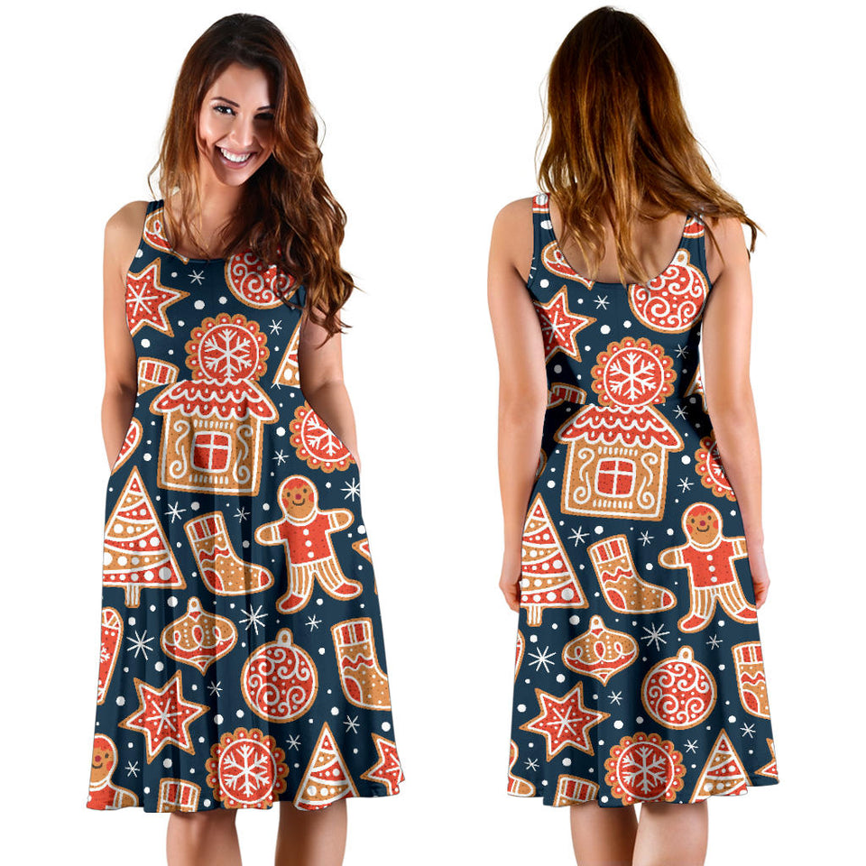 Christmas Gingerbread Cookie Pattern Sleeveless Midi Dress