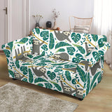 Cute Sloths Tropical Palm Leaves White Background Loveseat Couch Slipcover