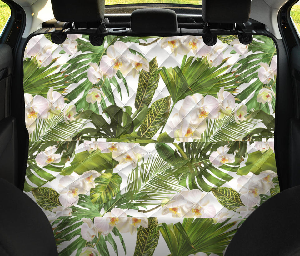 White Orchid Flower Tropical Leaves Pattern Dog Car Seat Covers