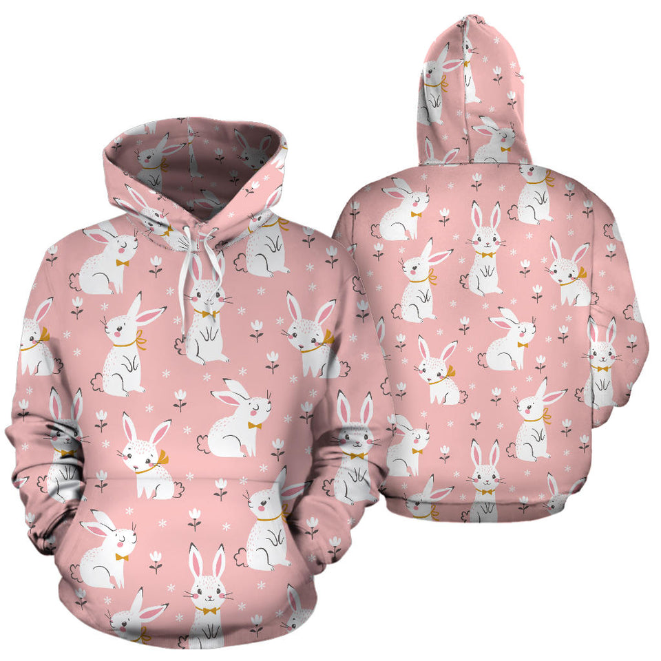 Cute White Rabbit Flower Pink Background Men Women Pullover Hoodie