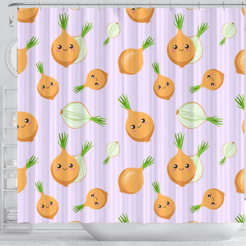 Cute Onions Smiling Faces Purple Background Shower Curtain Fulfilled In US