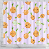 Cute Onions Smiling Faces Purple Background Shower Curtain Fulfilled In US