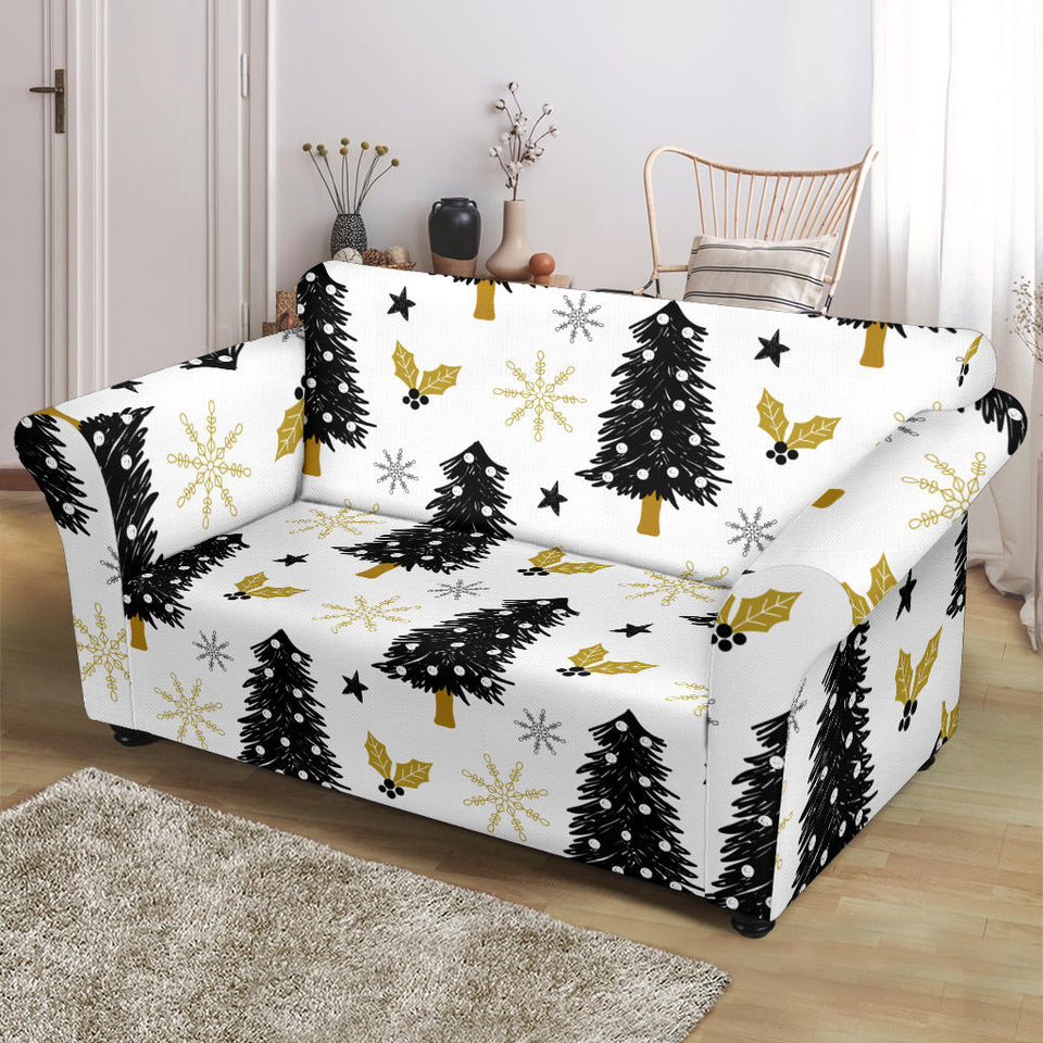 Christmas Tree Holly Snow Star Pattern Loveseat Couch Slipcover