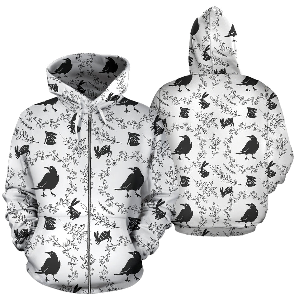 Crows Floral Wreath Rabbit Pattern Zip Up Hoodie
