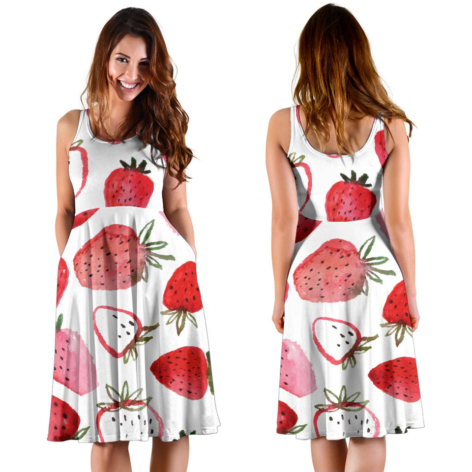 Watercolor Hand Drawn Beautiful Strawberry Patternsleeveless Midi Dress