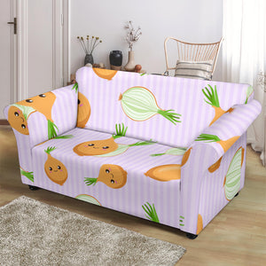 Cute Onions Smiling Faces Purple Background Loveseat Couch Slipcover