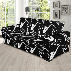Saxophone Music Notes Treble Clef Black White Theme Sofa Slipcover