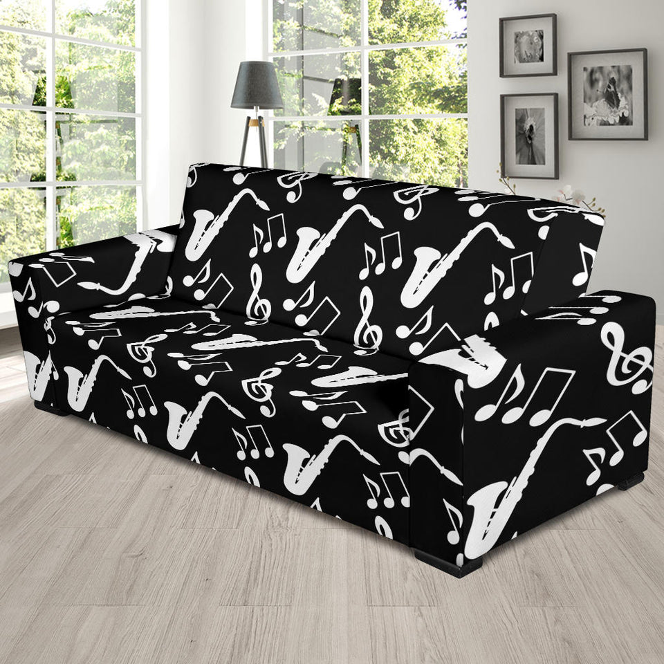 Saxophone Music Notes Treble Clef Black White Theme Sofa Slipcover