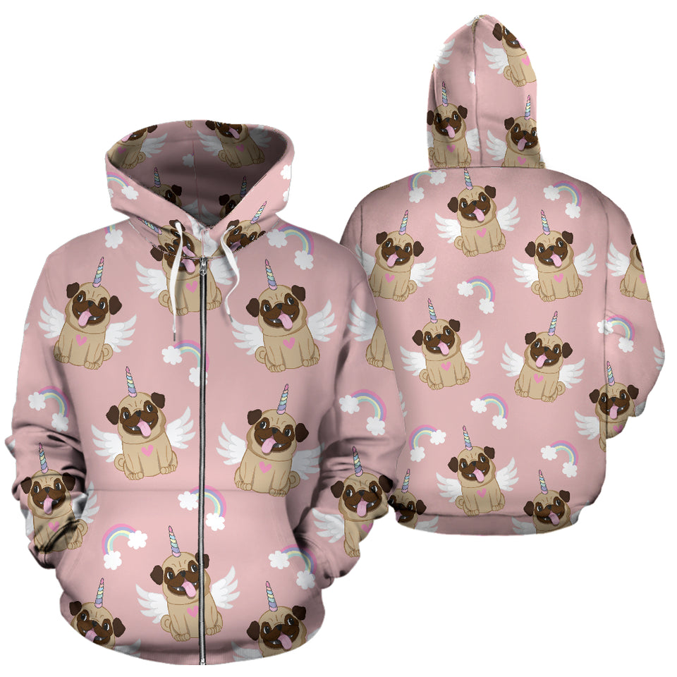 Cute Unicorn Pug Pattern Zip Up Hoodie