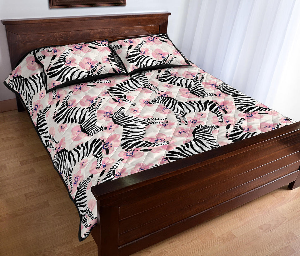 Zebra pink flower background Quilt Bed Set