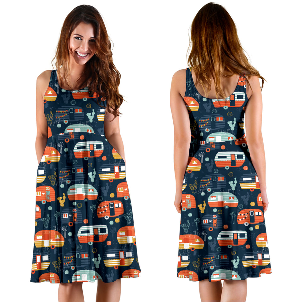 Camper Van Pattern Print Design 05 Sleeveless Midi Dress