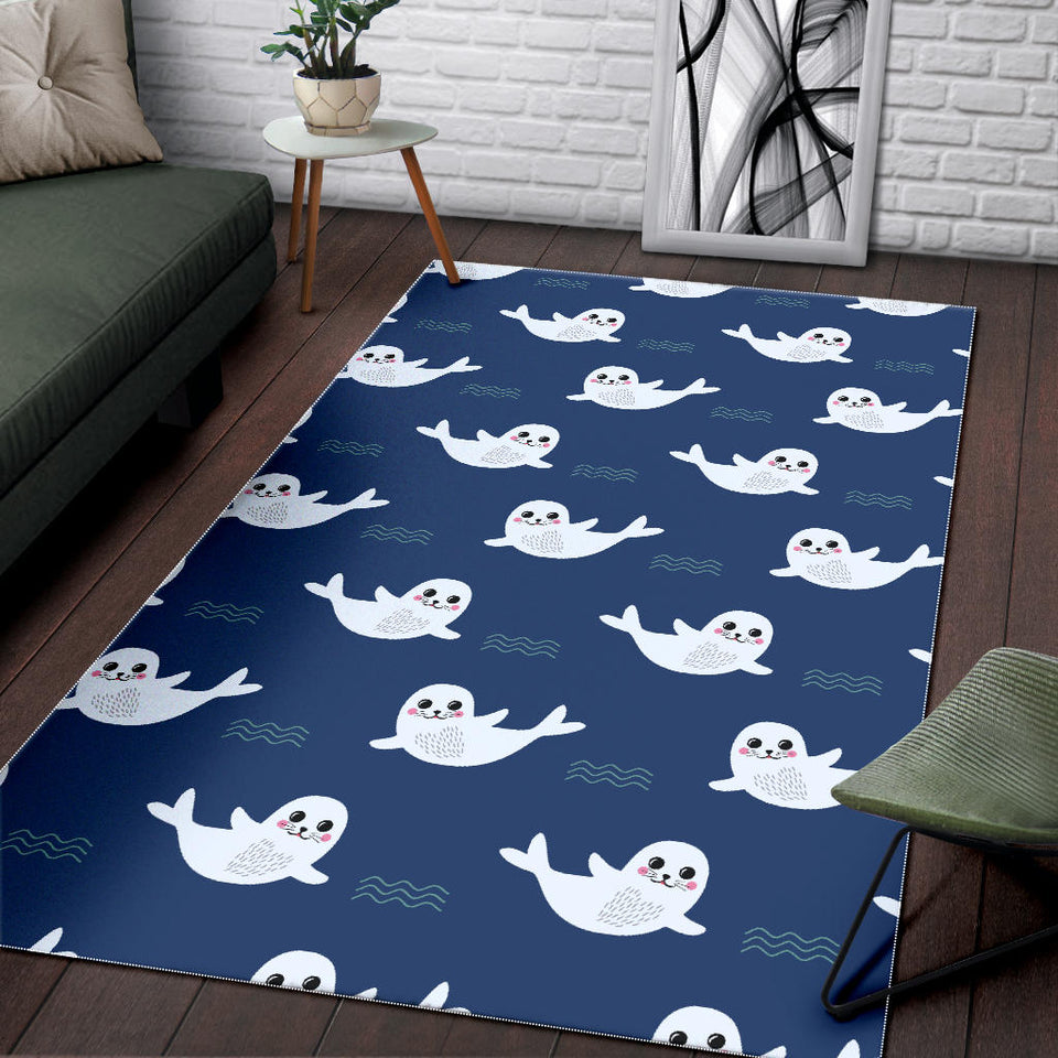 Cute White Baby Sea Lion Seal Pattern Area Rug