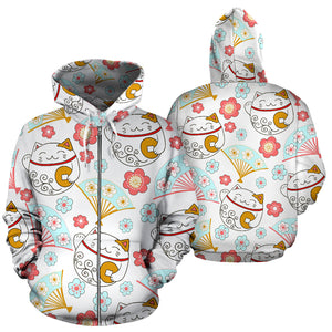 Maneki Neko Cat Fan Sakura Zip Up Hoodie