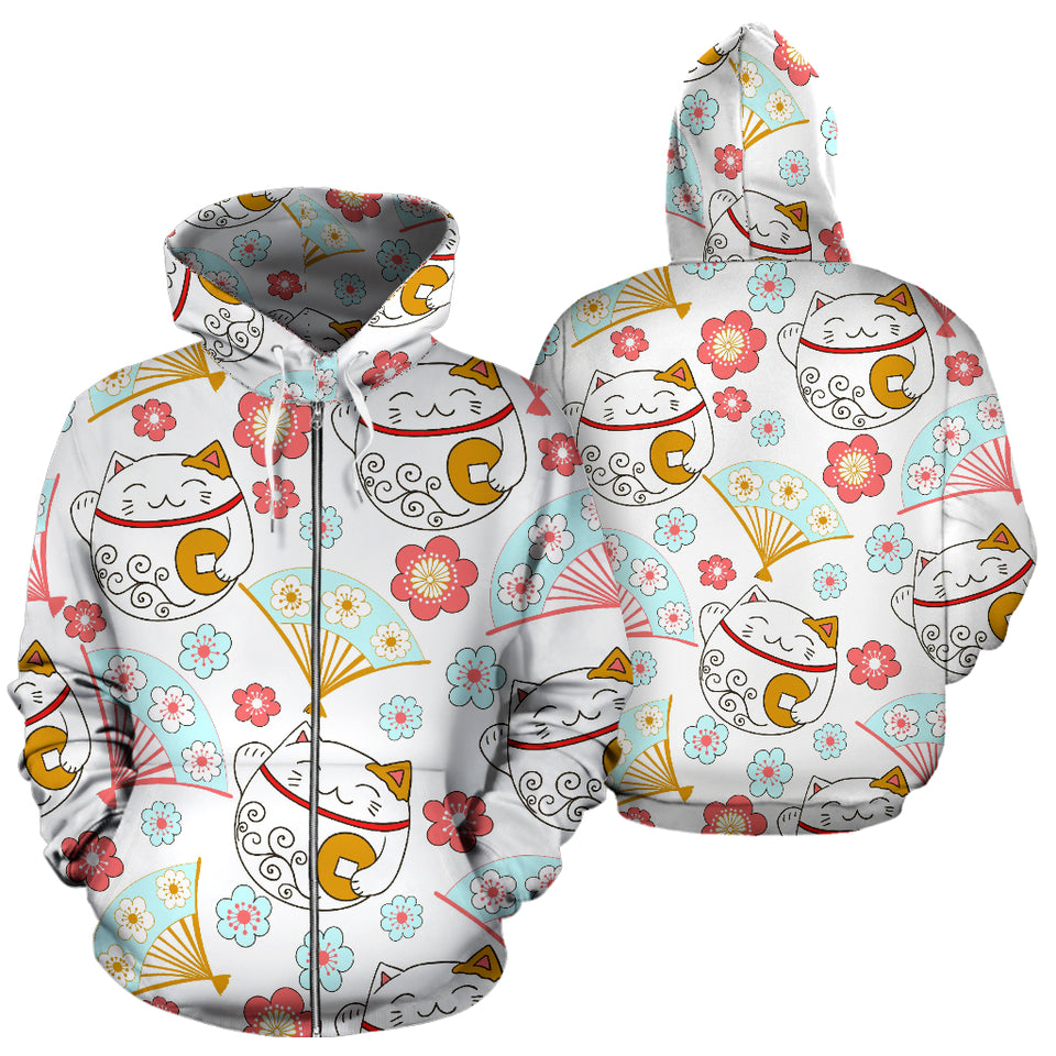 Maneki Neko Cat Fan Sakura Zip Up Hoodie