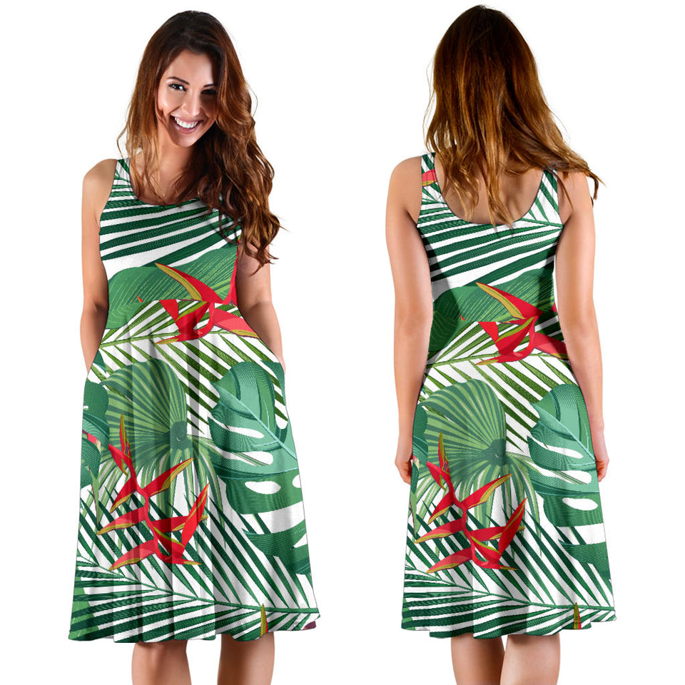 Heliconia Palm And Monstera  Leaves Pattern Sleeveless Midi Dress