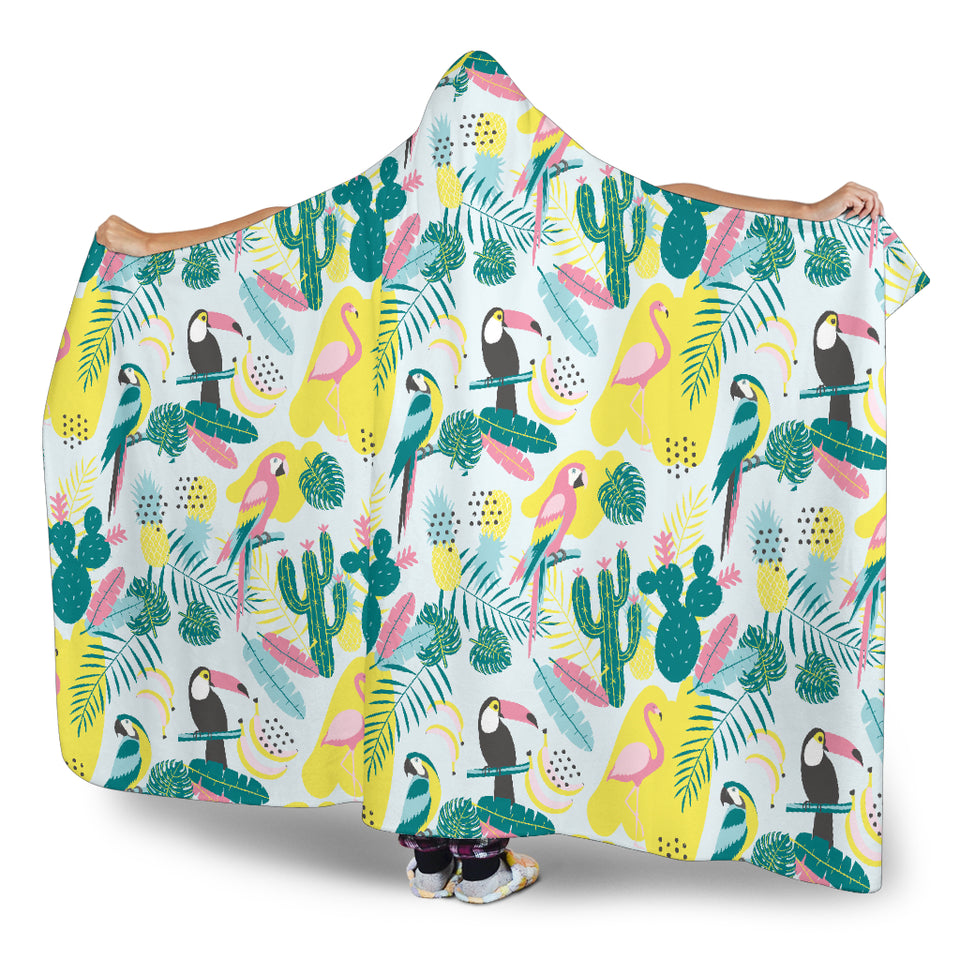 Cute Parrot Toucan Flamingo Cactus Exotic Leaves Pattern Hooded Blanket