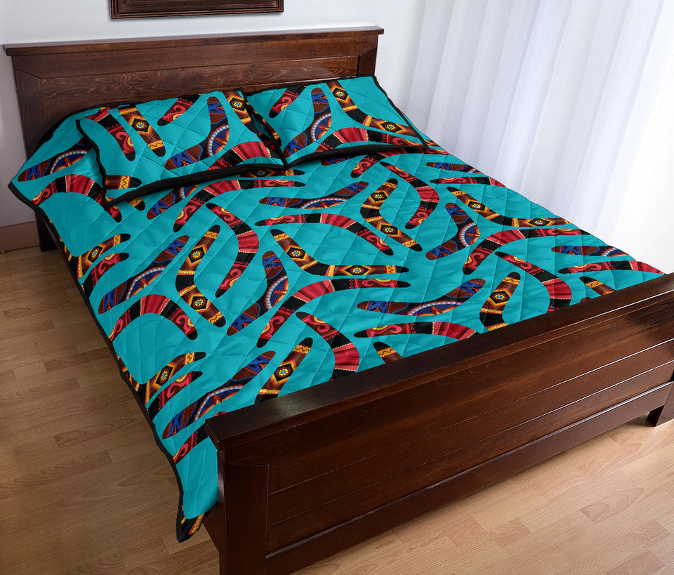 Boomerang Australian aboriginal ornament blue background Quilt Bed Set