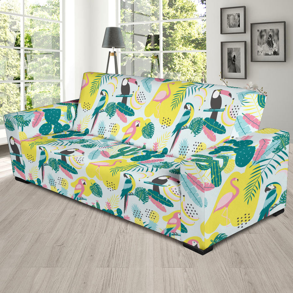Cute Parrot Toucan Flamingo Cactus Exotic Leaves Pattern Sofa Slipcover