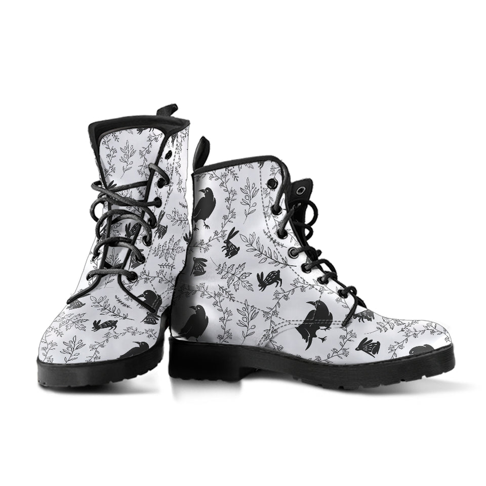 Crows Floral Wreath Rabbit Pattern Leather Boots