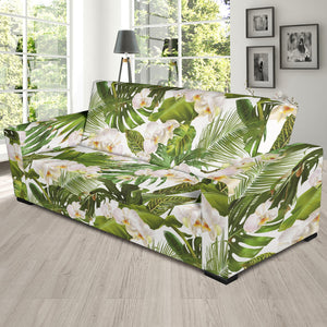 White Orchid Flower Tropical Leaves Pattern Sofa Slipcover