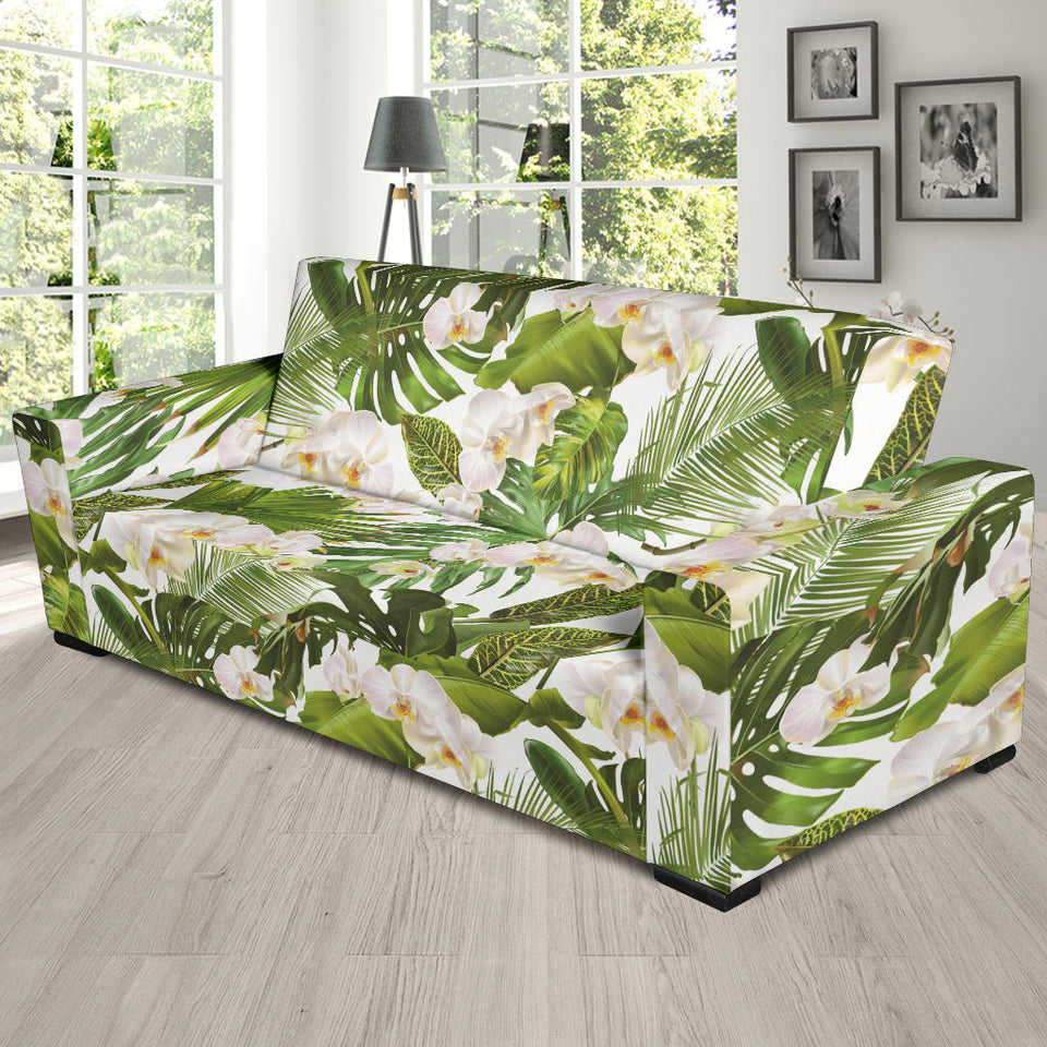 White Orchid Flower Tropical Leaves Pattern Sofa Slipcover
