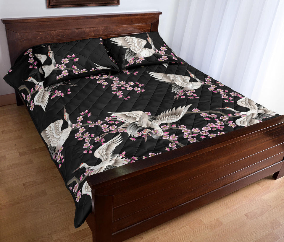 Japanese crane pink sakura pattern Quilt Bed Set