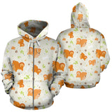 Cute Brown Pomeranian Paw Leave Bone Pattern Zip Up Hoodie