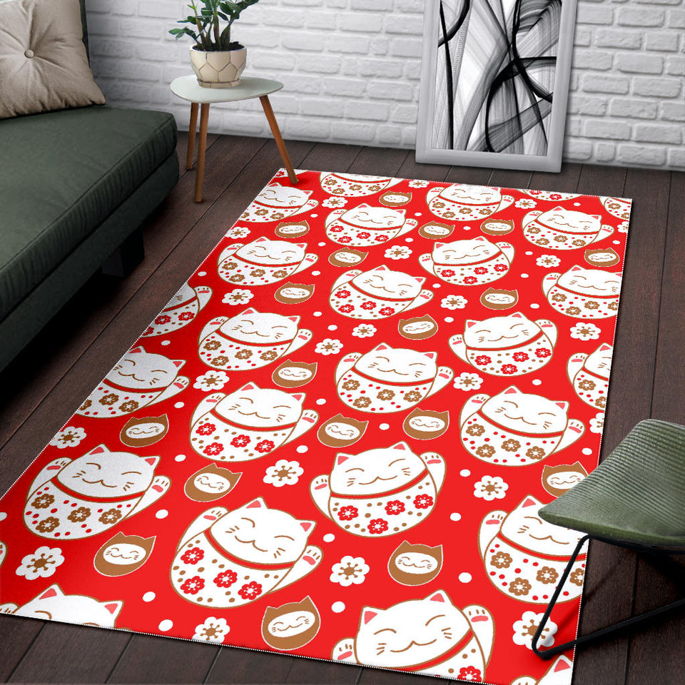 Cute Maneki Neko Lucky Cat Red Background Area Rug
