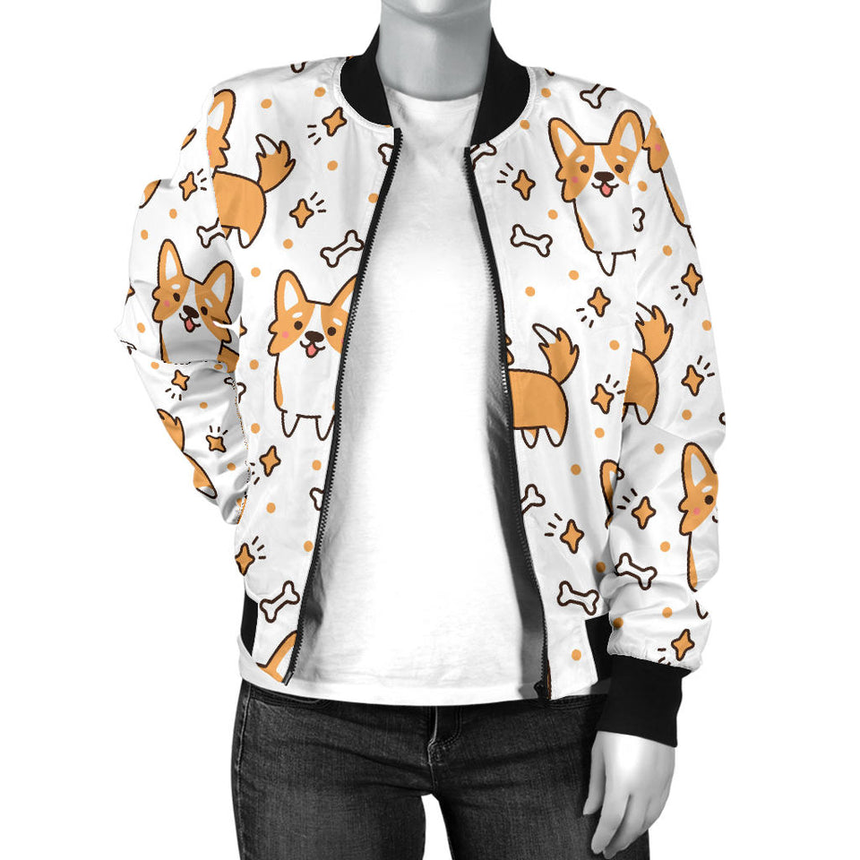 Cute Corgi Heart Star Bone Pattern Women'S Bomber Jacket