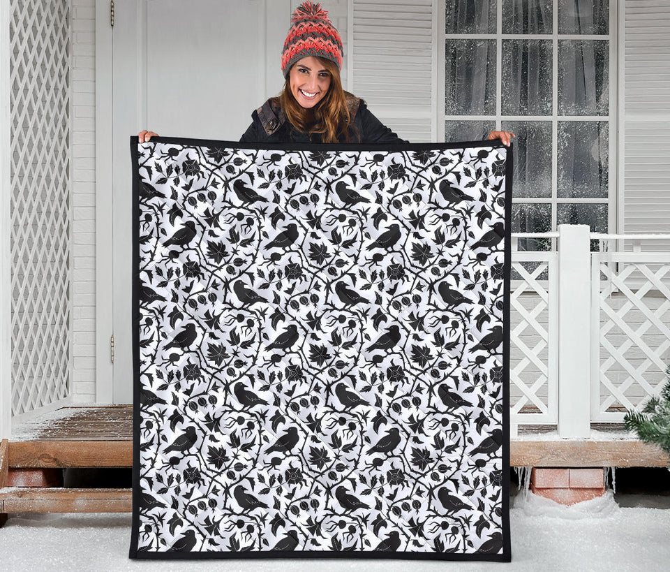 Crow Dark Floral Pattern Premium Quilt